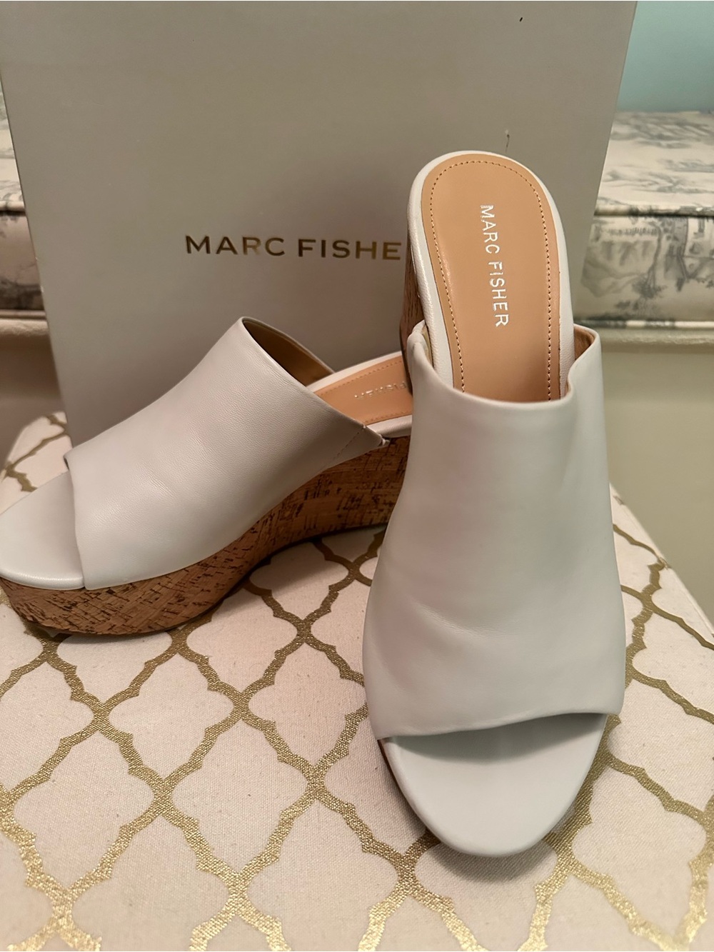 Marc Fisher White Leather Cork Wedge Mules